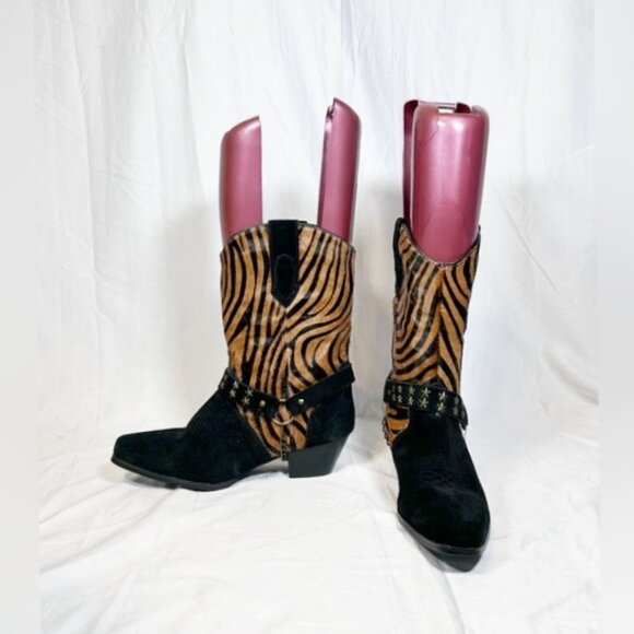 Vintage Black Suede Zebra Print Star Studded Stirrup Cowgirl Western Boots~9~ - Picture 2 of 7